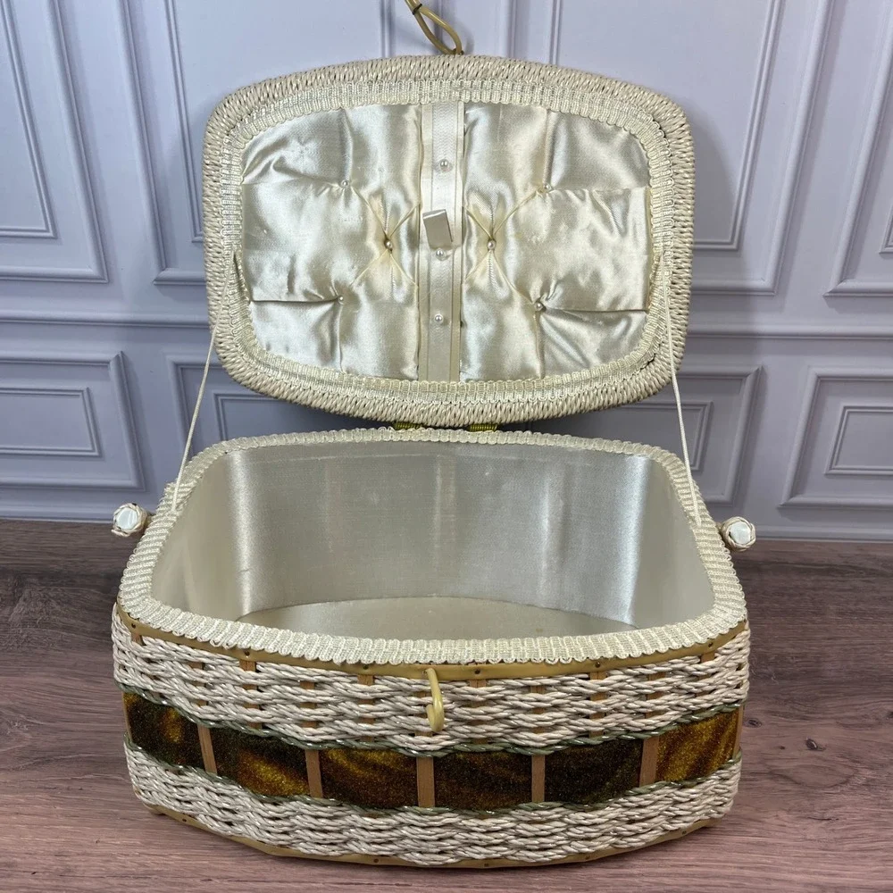 Vintage Dritz Sewing Basket Wicker Style w/Handle Woven Japan Oval Velvet MCM